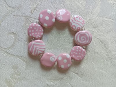 Kazuri Stretch Ceramic Beaded Bracelet, Pink and White Kazuri Beads with Crystal Clear Spacers - image1